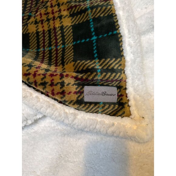 Eddie Bauer Home Plaid Sherpa Throw Blanket Reversible Cozy Warm 60" X 50" Tan T - Picture 4 of 6